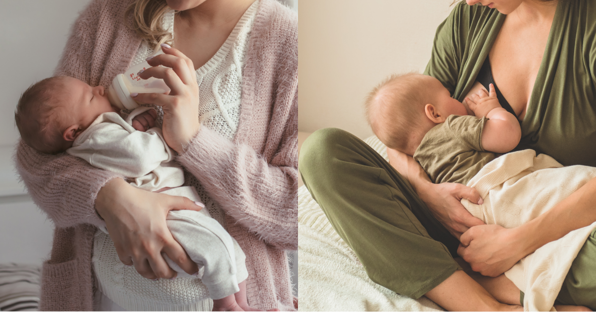 Newborn feeding essentials: bottles, breastfeeding supplies, and baby formula.