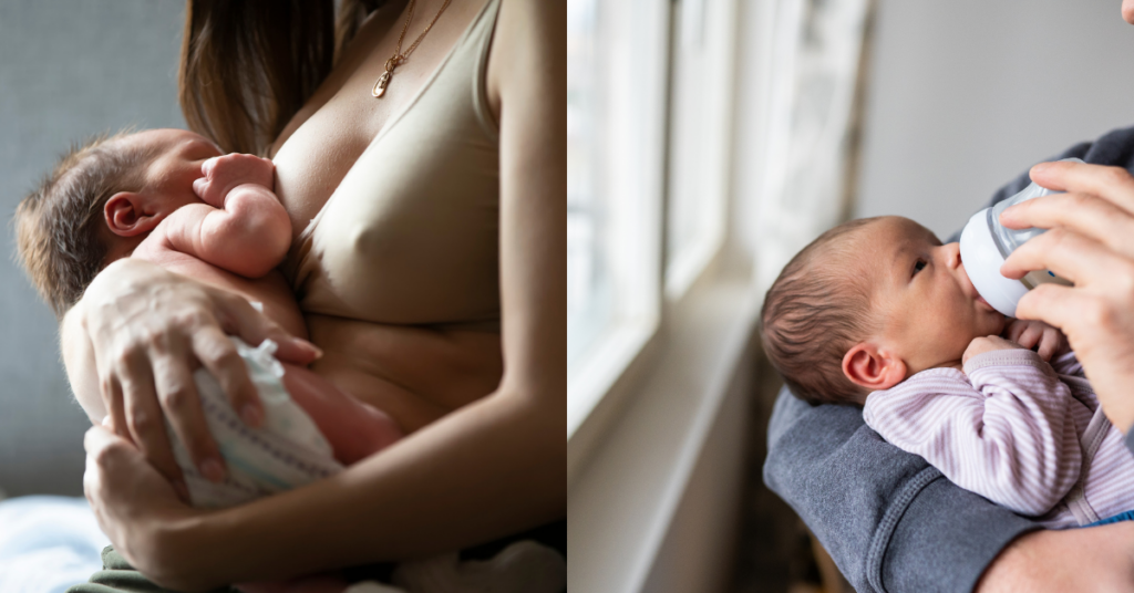 A mom bottle-feeding a happy newborn wrapped in a soft blanket.